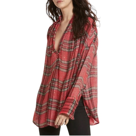 Free People Fearless Love Sequins Blouse Red - Picture 1 of 6